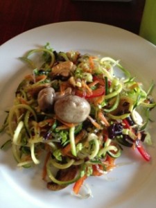 Mermaid Kelp Noodle Salad. Made with a combination of kelp and dulce seaweeds, zucchini noodles, carrots, bok choy, bell pepper, and mushrooms, this salad danced on my tongue and zipped across my taste buds.