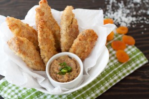 “Breaded” Chicken Strips with Apricot Dijon Dipping Sauce
