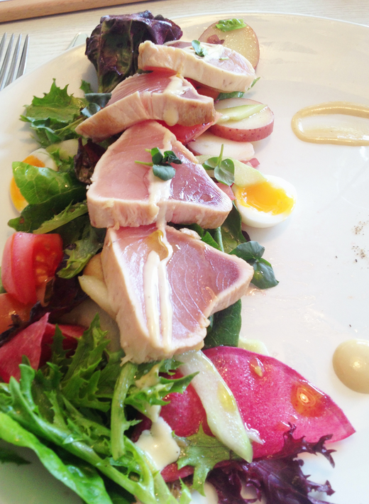 "I settled on the Tuna Salad from MARKET’s lunch menu. BC Albacore tuna was elegantly sliced and placed atop a bed of poplar bluff potatoes, tomato, homegrown microgreens and tarragon vinaigrette."